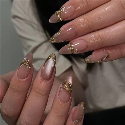 Nude 3D Gold Bow French Press On Nails